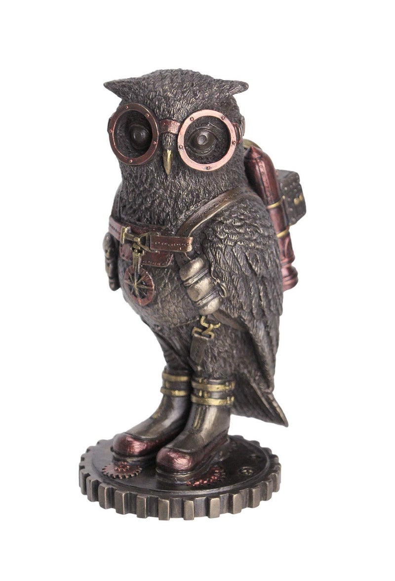 JFSM INC. Steampunk Owl with Jetpack Statue Sculpture on Gears Bronze - Image 1